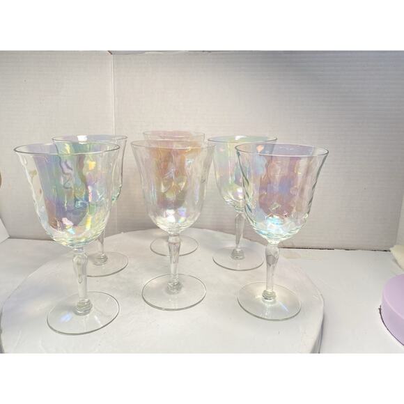 6 Fostoria Crystal Pearl Shell Iridescent Wine Glasses Loop Optics - Picture 4 of 15